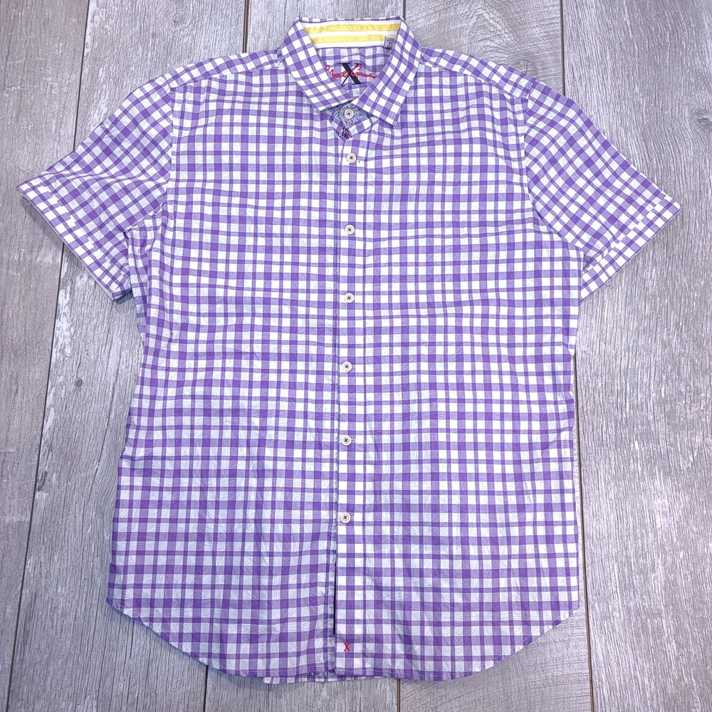 Robert Graham Button Front Shirt Men XL Purple Gingham Short Sleeve Tailored Fit